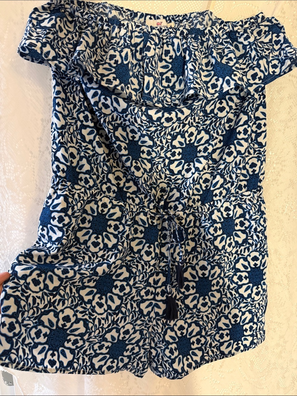 Vineyard Vines Navy and White Floral Off-Shoulder Romper